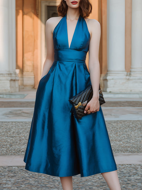 Halter V-Neck Pleated Midi Dress XYS