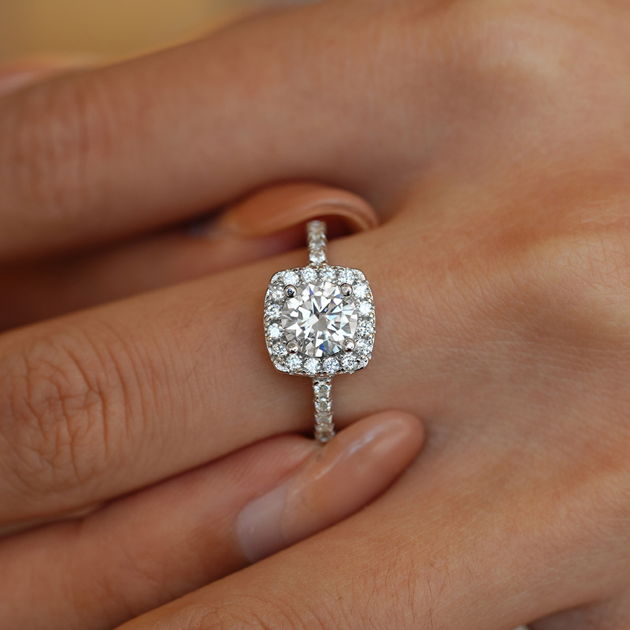 Moissanite Halo Round Cut Sterling Silver Engagement Ring Shineofidamond