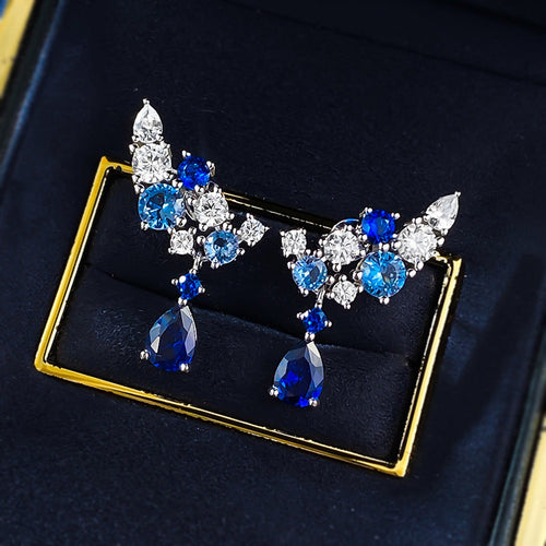 “Celestial Bloom” Blue & White Gradient Drop Earrings in 925 Sterling Silver Shine of Diamond