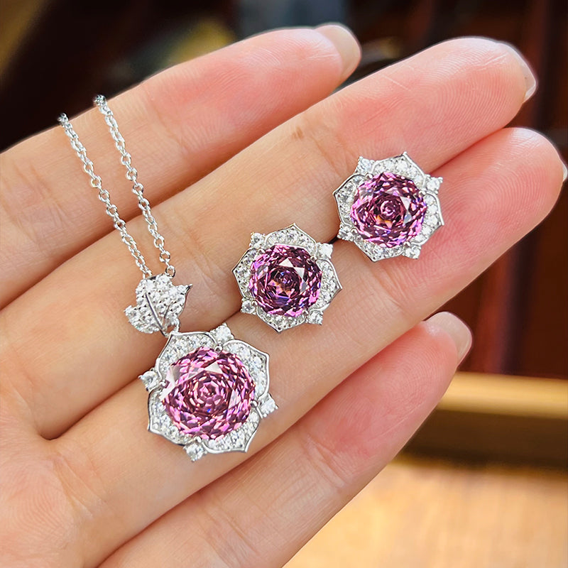 Pink Flower Design Sterling Silver Stud Earrings Shine of Diamond