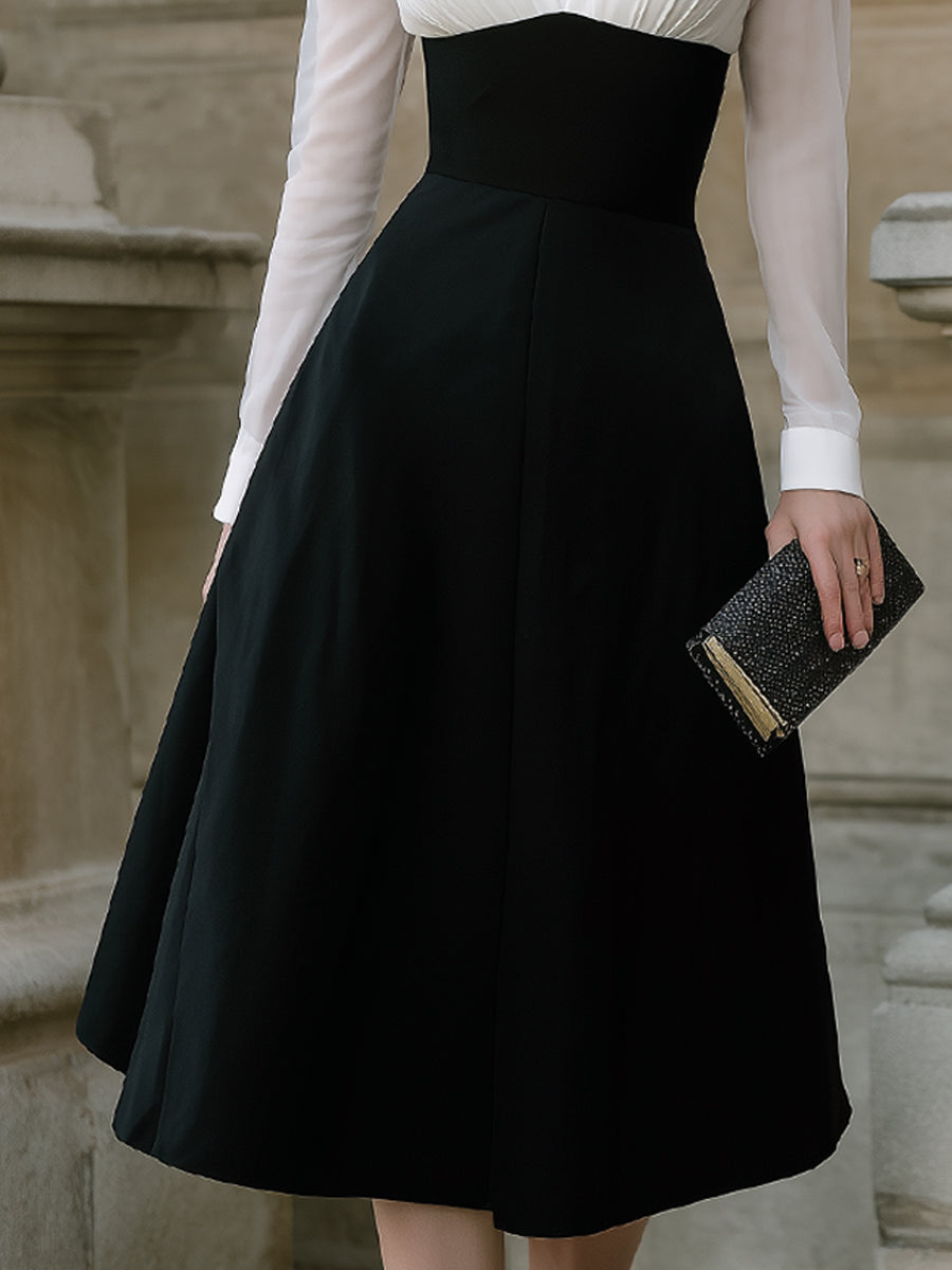 Contrast Bodice A-Line Midi Dress With Sheer Sleeves XYS