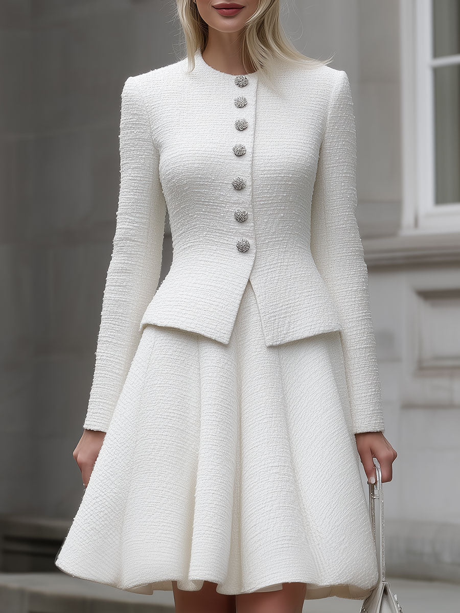 CAAYWORLD Presents The Elegant White Textured Tweed Two-Piece Set SN