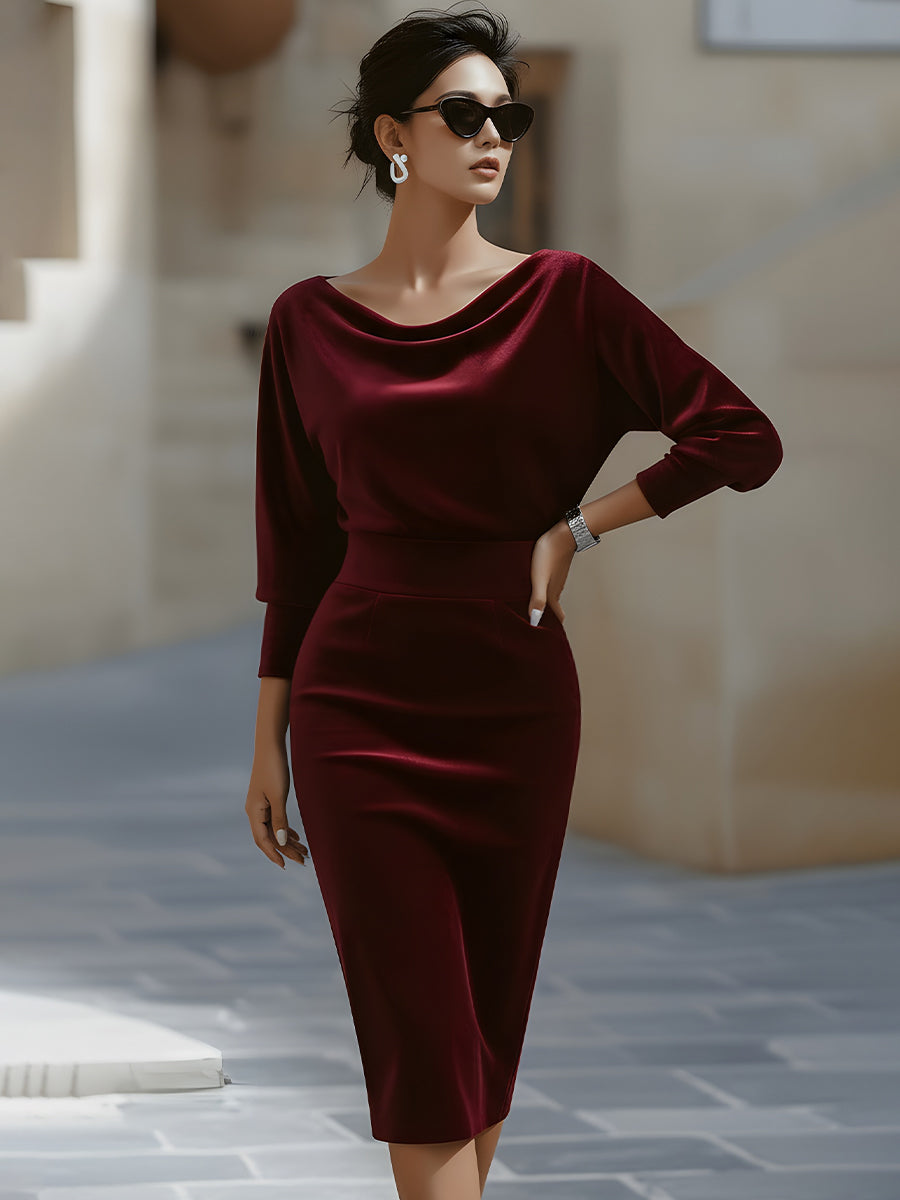 Draped Boat-Neck Velvet Pencil Dress XYS