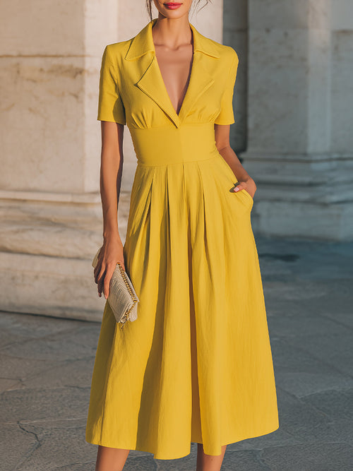 Collared Short-Sleeve Midi Dress With Structured Waist XYS