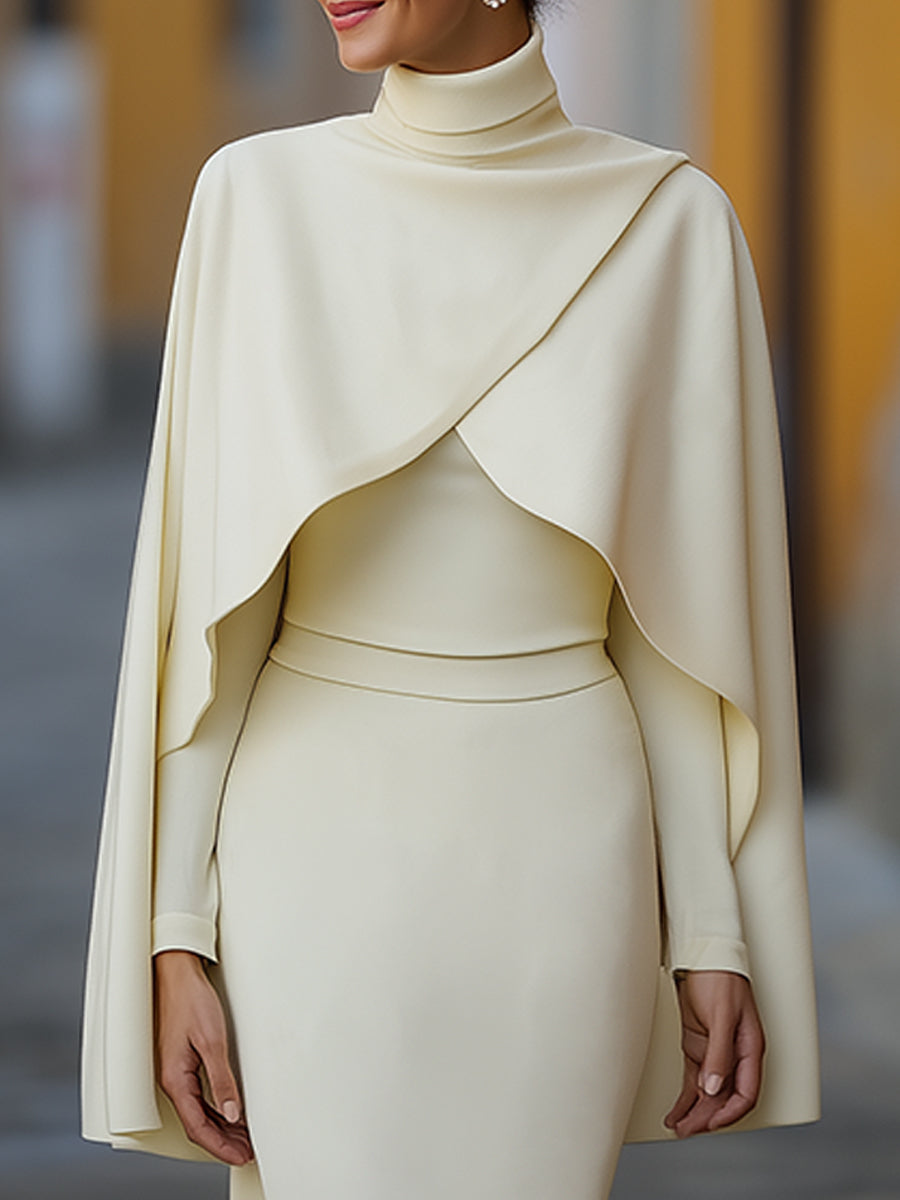 Elegant High-Neck Cape-Overlay Skirt Set HWT