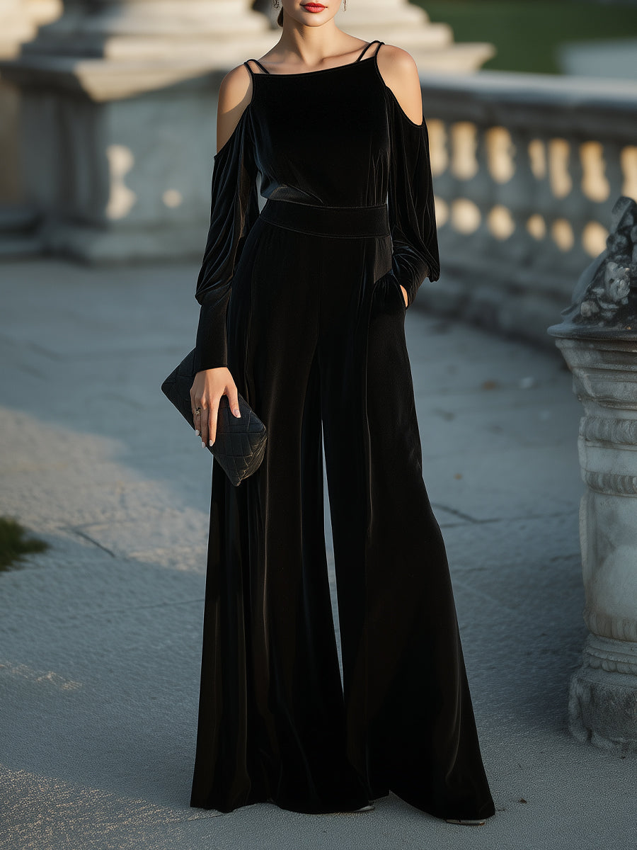Cold-Shoulder Velvet Wide-Leg Jumpsuit XYS