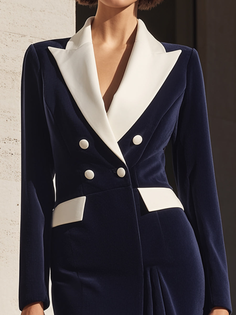 Navy Contrast-Lapel Tailored Double-Breasted Blazer Dress ZJ