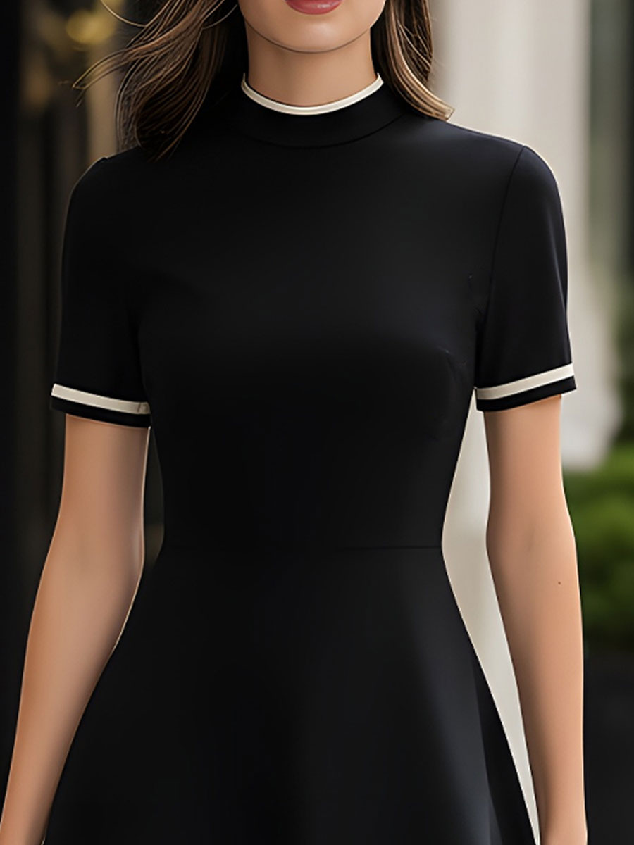 Mock Neck Contrast Trim Fit & Flare Mini Dress SN