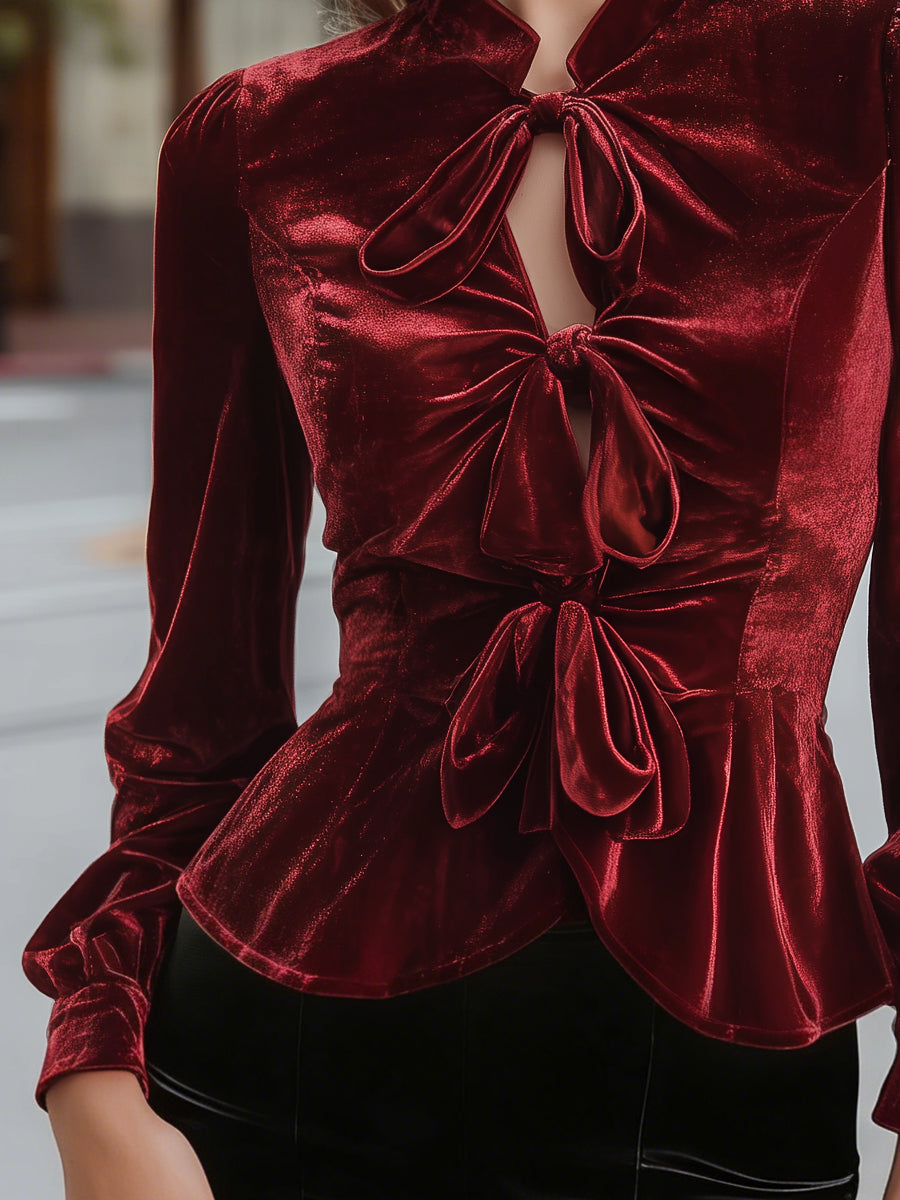 Velvet Triple-Bow Peplum Blouse MLZ