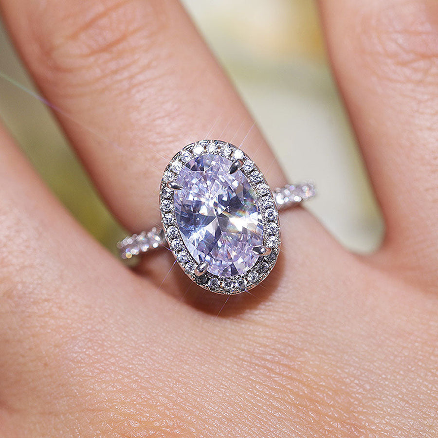 Stunning Oval Cut Halo Design Sterling Silver Engagement Ring Shine of Diamond