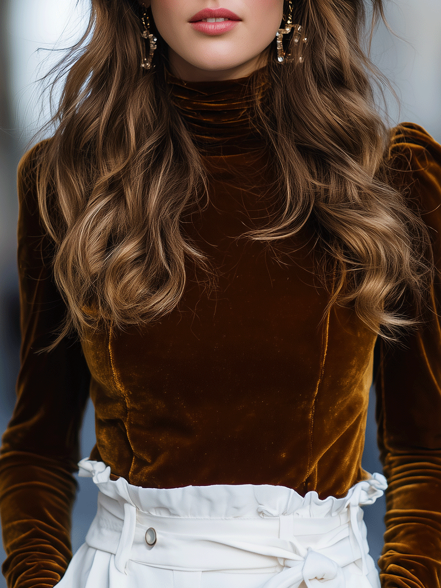 Burnt Caramel Velvet Turtleneck Top XYS