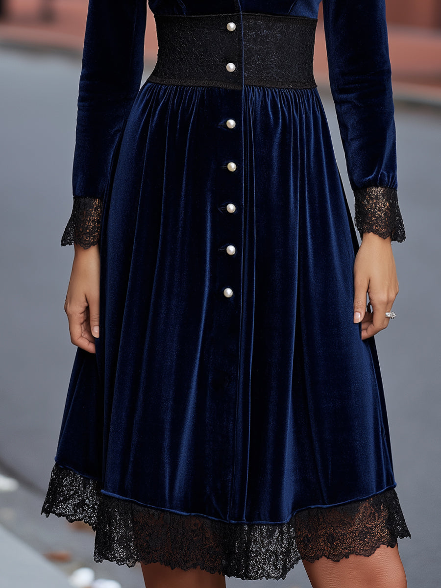 Velvet Lace-Trim Button-Front Midi Dress MLZ