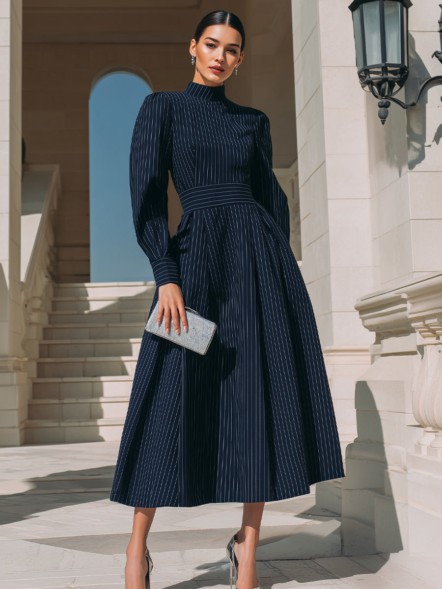 High-Neck Pinstripe Midi Dress With Structured Waist XYS