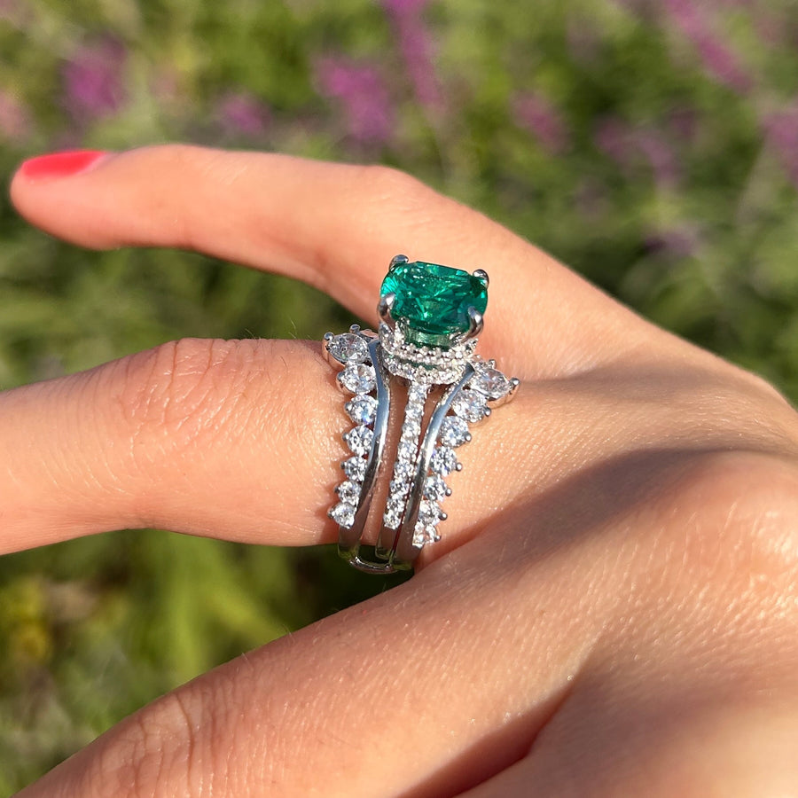 Stunning Green Cushion Cut Insert Bridal Sets In Sterling Silver Shine of Diamond