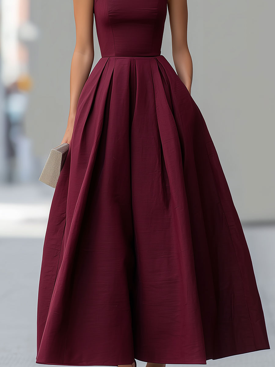 Burgundy Structured Square-Neck Midi Ball Gown Dress SN