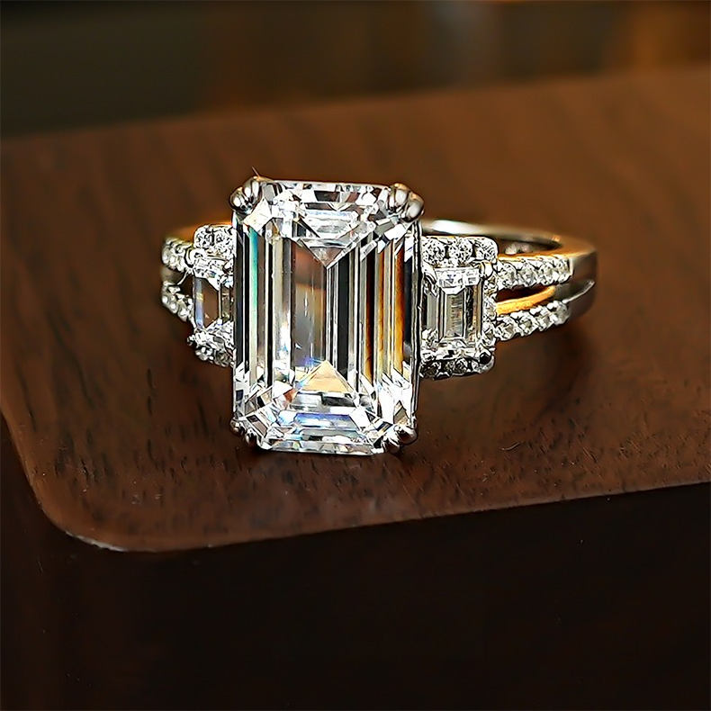 Emerald-Cut Three-Stone Engagement Ring in 925 Sterling Silver Shine of Diamond