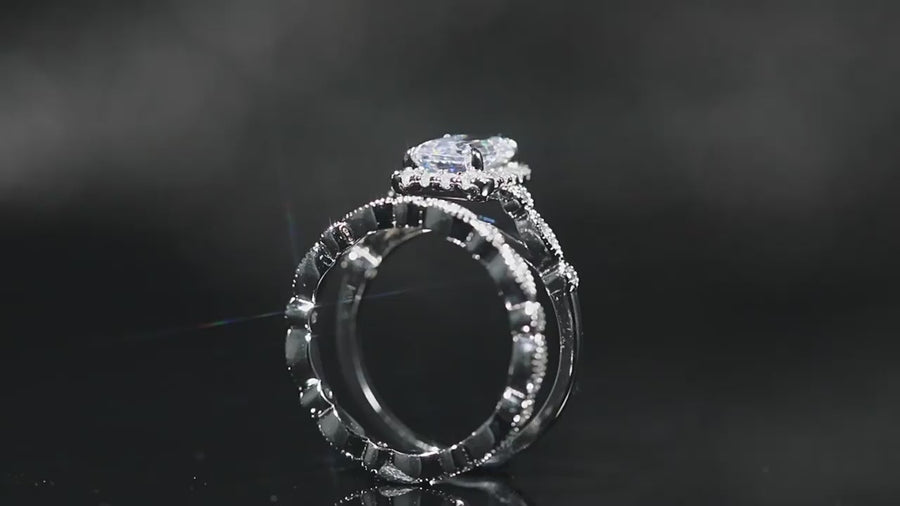 2.0 CT Emerald Cut Halo Sterling Silver Ring Set Carly Jewelry