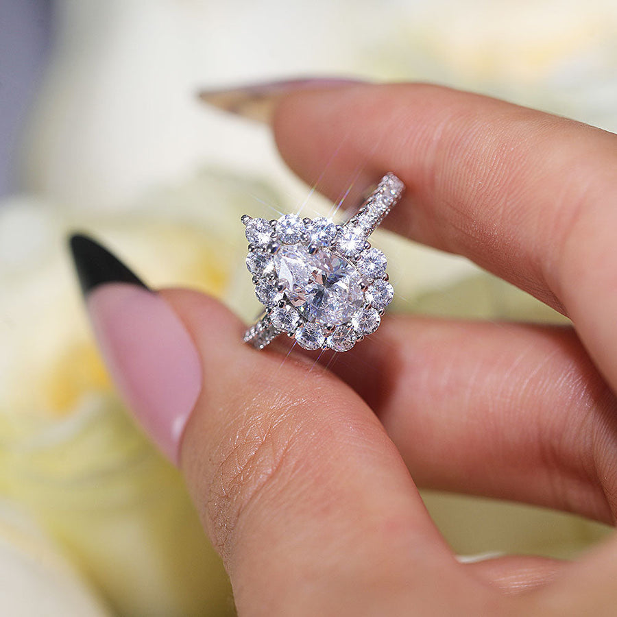 Stunning Pear Cut Halo Design Sterling Silver Engagement Ring Shine of Diamond