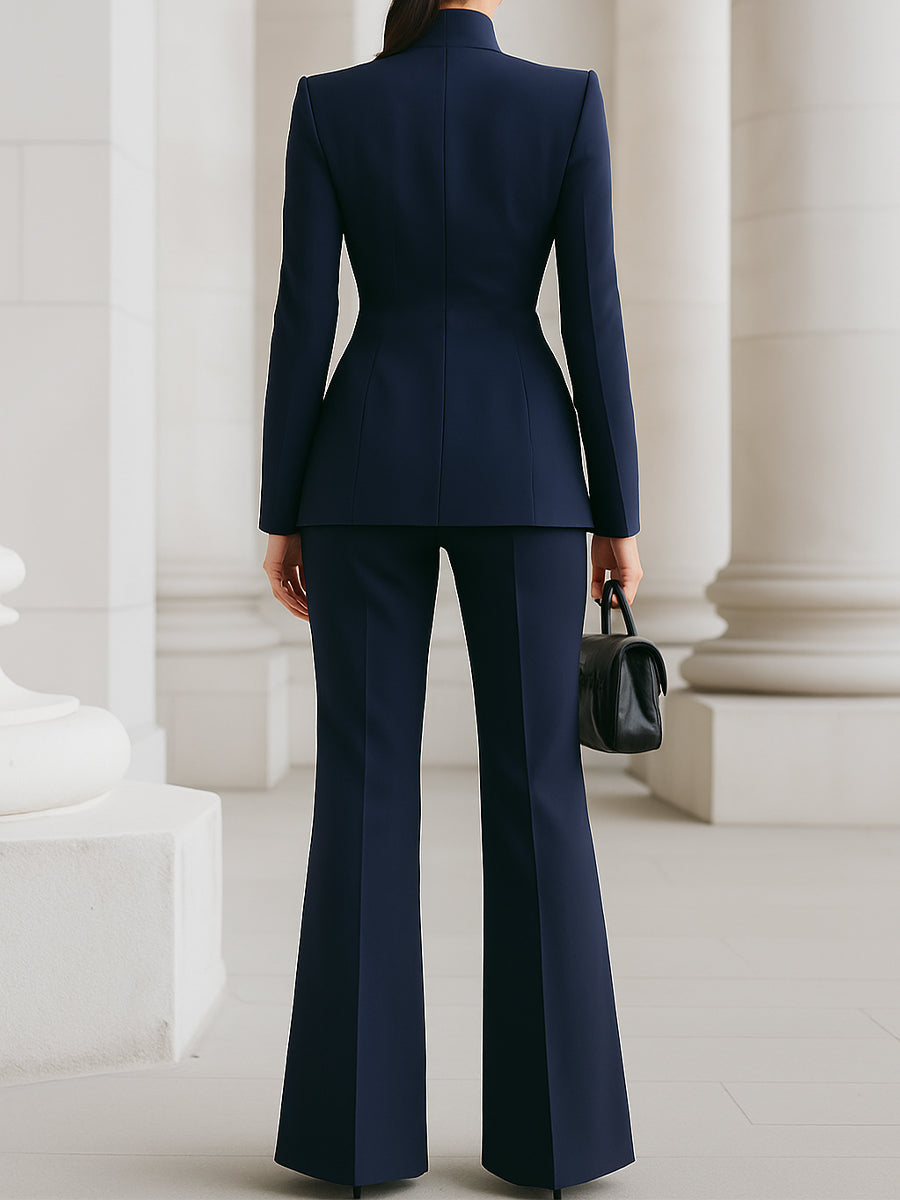 Sophisticated  High-Collar Blazer & Wide-Leg Trousers Set SN