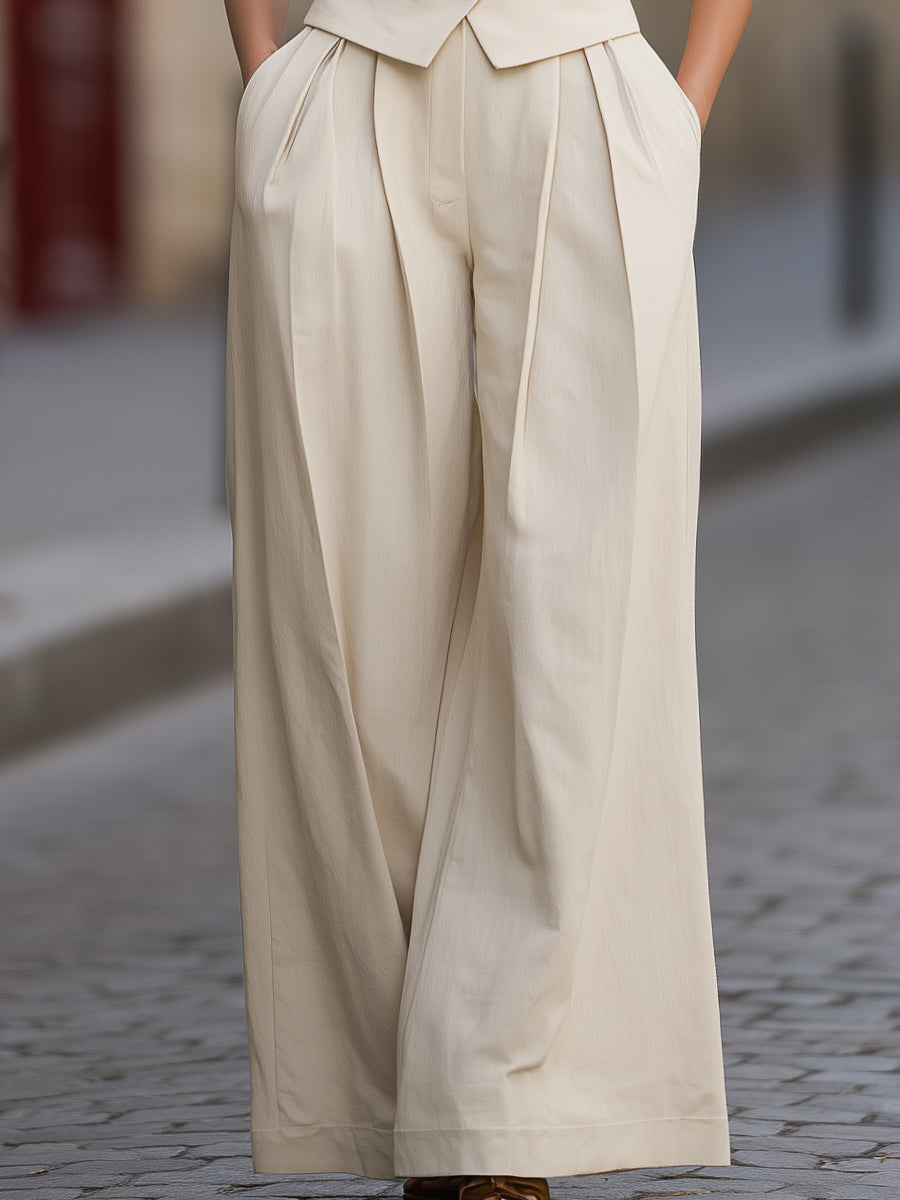 Buttons Tailored Vest & Wide-Leg Trousers Two-Piece Set MLZ