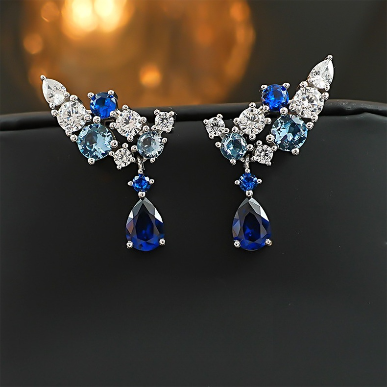 “Celestial Bloom” Blue & White Gradient Drop Earrings in 925 Sterling Silver Shine of Diamond