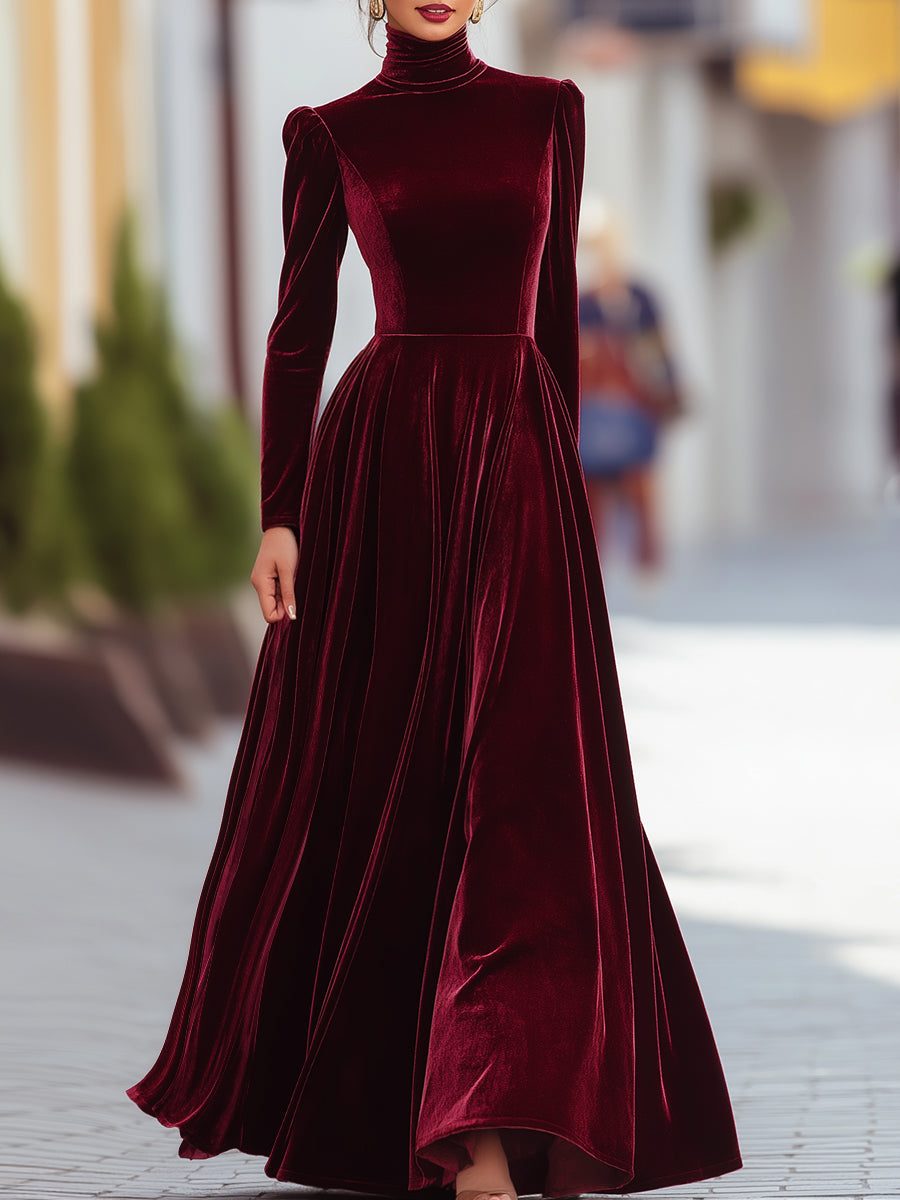 Burgundy Velvet Long-Sleeve Gown ZJ