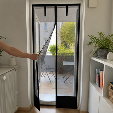 Bugmesh magnetic mesh screen installed across a patio doorway