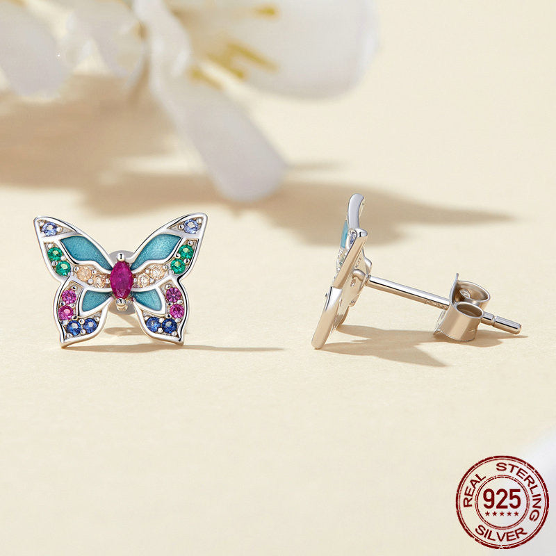 Butterfly Design Colored Gemstone Earrings Stud in Sterling Silver Shineofidamond