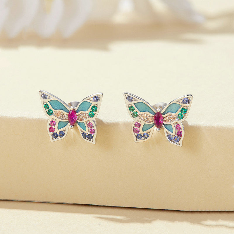 Butterfly Design Colored Gemstone Earrings Stud in Sterling Silver Shineofidamond