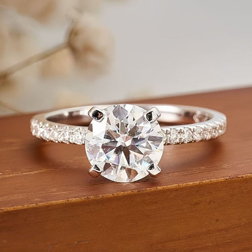 Classic 4 Prong Round Cut Sterling Silver Engagement Ring with Band Shine of Diamond