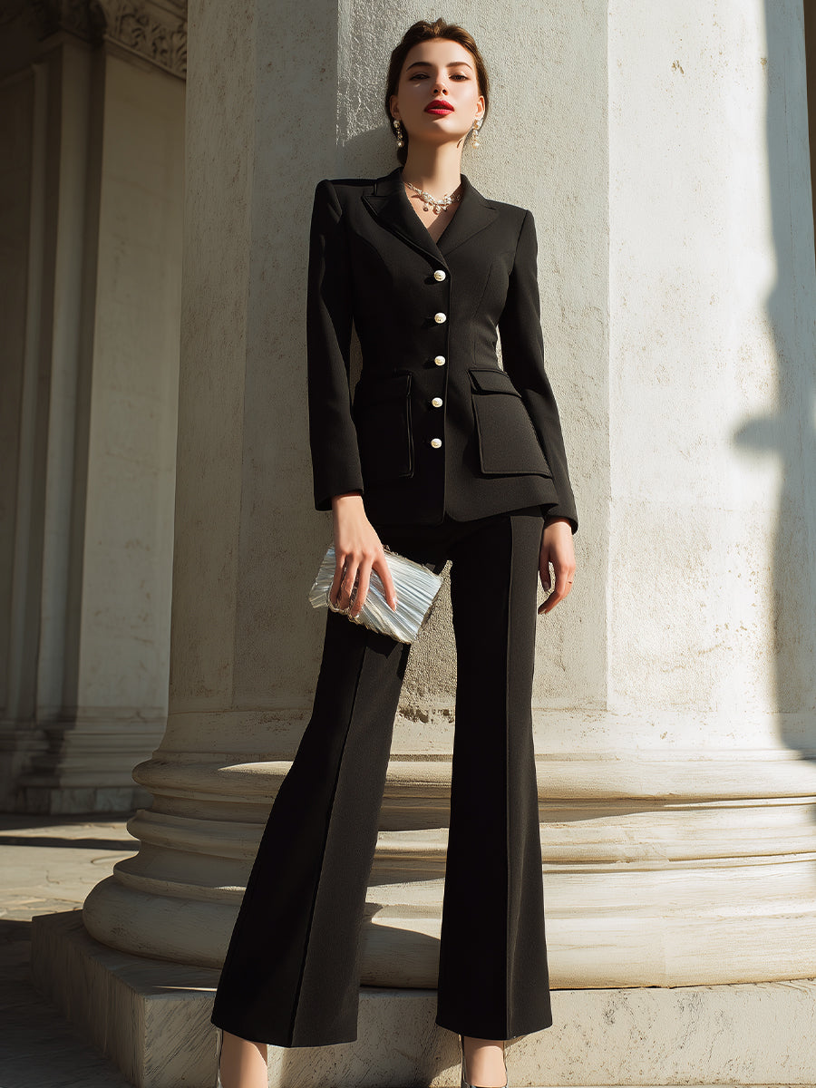 Tailored Button-Front Blazer Set With Flared Pants XYS