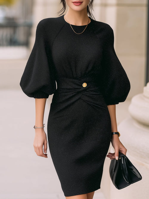 Elegant Sparkle Knit Puff-Sleeve Waist Twist Midi Dress MLZ