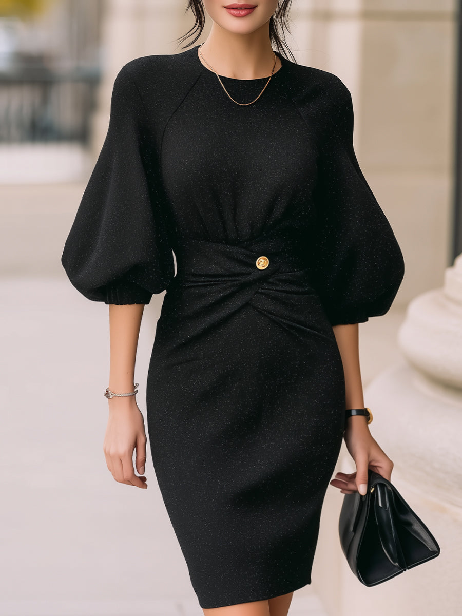 Elegant Sparkle Knit Puff-Sleeve Waist Twist Midi Dress MLZ