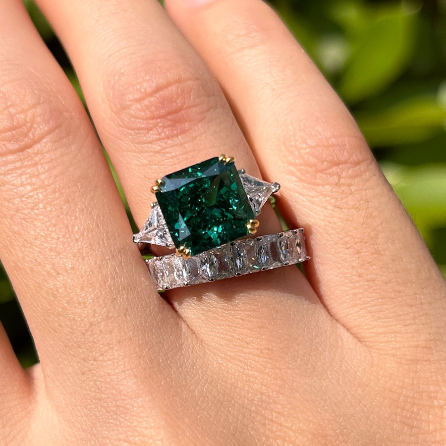 2 Pcs Gorgeous Emerald Green Radiant Cut Sterling Silver Bridal Set For Women Carly Jewelry