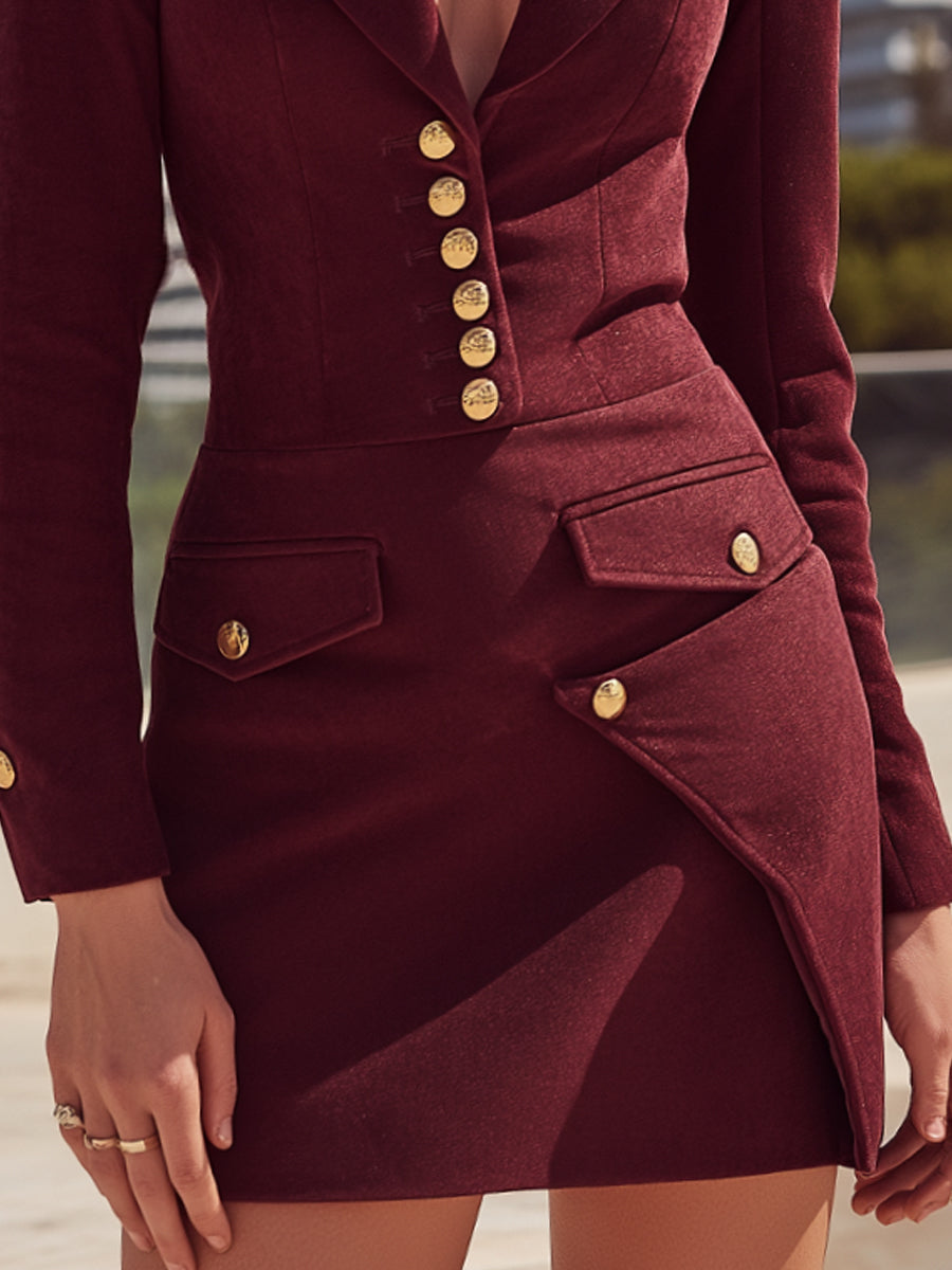 Burgundy Tailored Blazer-Style Mini Dress With Gold-Tone Buttons ZJ