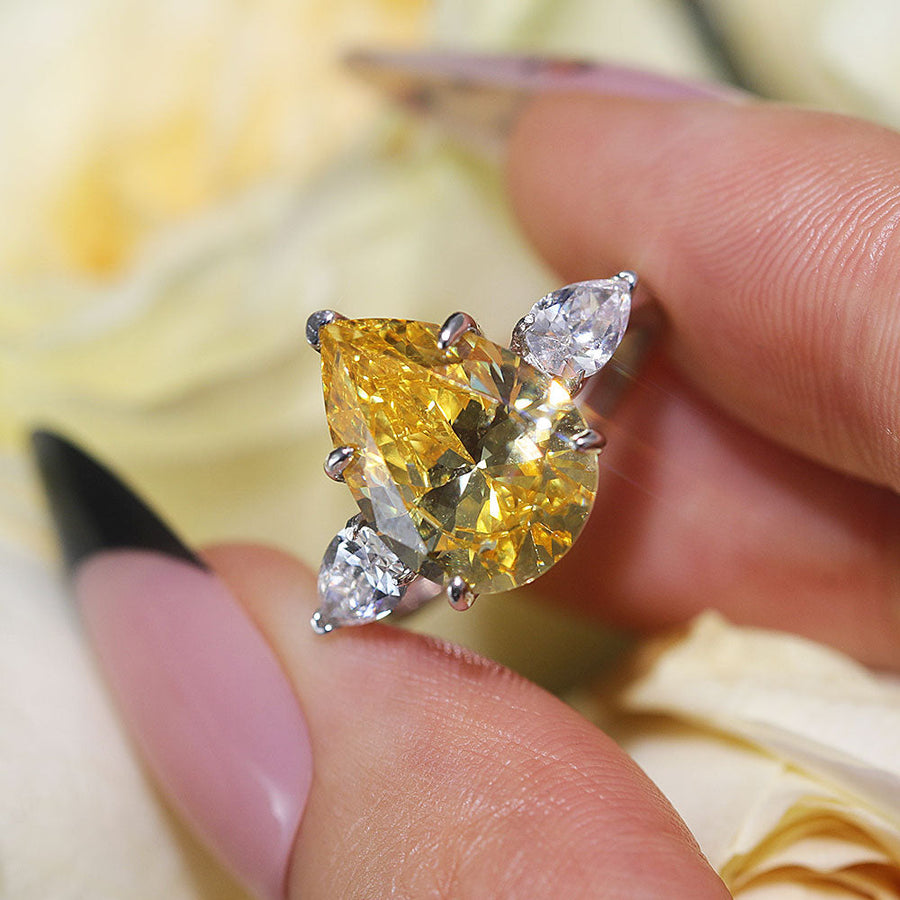 Classic Three Stone Yellow Pear Cut Sterling Silver Engagement Ring Shine of Diamond