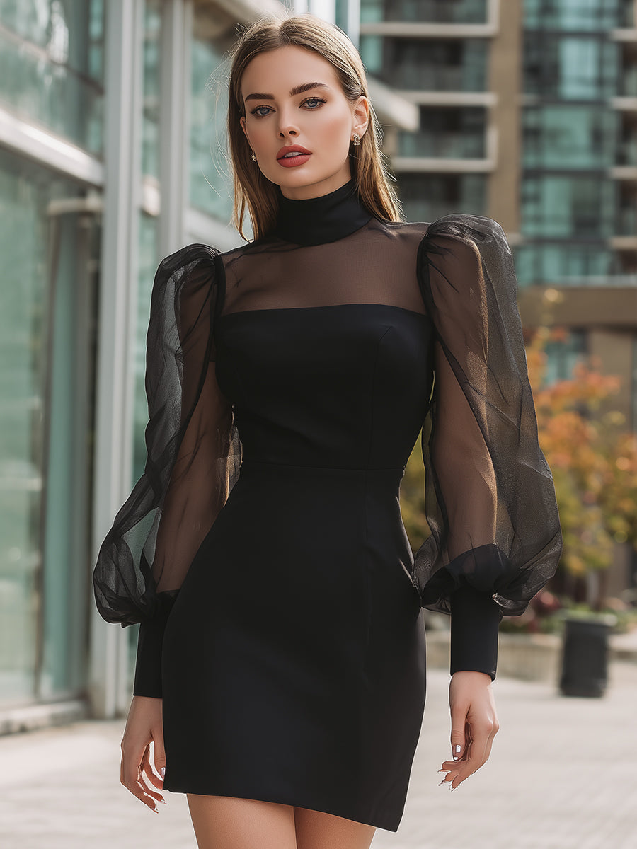Black Sheer Puff Sleeve Structured Mini Dress ZJ