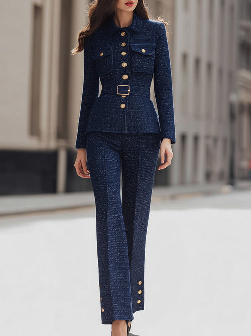 Tweed Belted Blazer And Pants Set With Gold Buttons MLZ