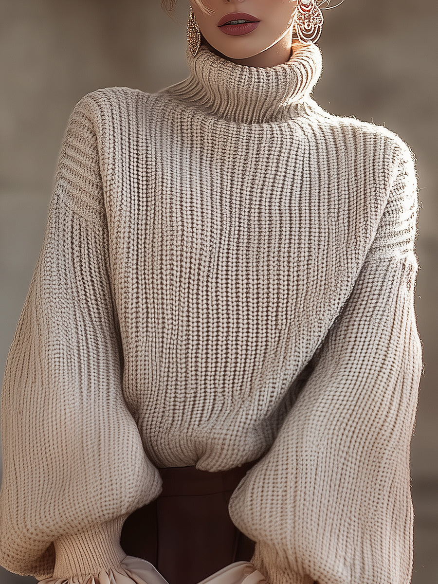 Cream Knit Turtleneck Sweater With Ruffled Cuffs XYS