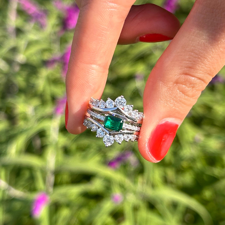 2 Pcs Green Emerald Cut Insert Bridal Sets In Sterling Silver Shine of Diamond