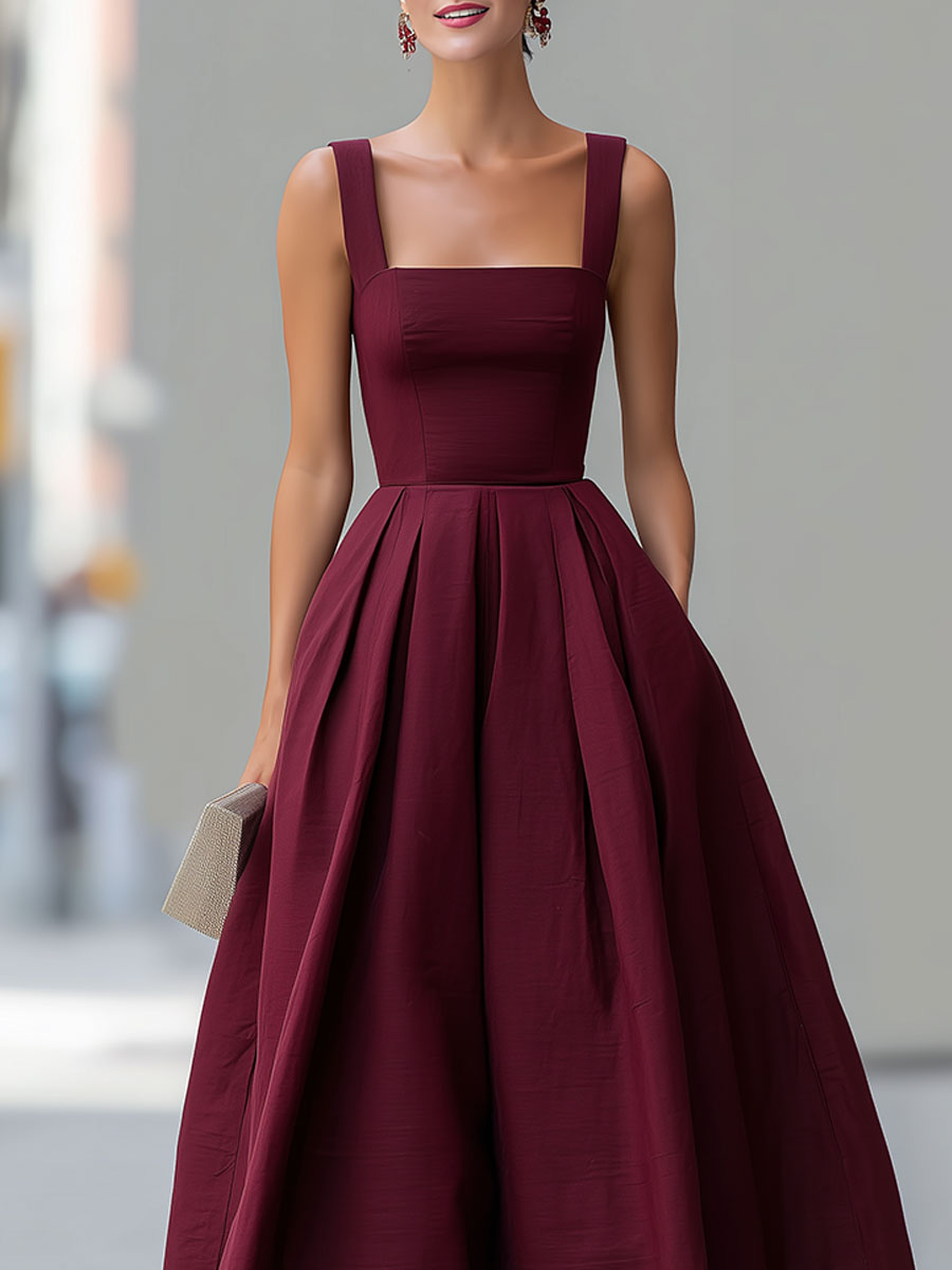 Burgundy Structured Square-Neck Midi Ball Gown Dress SN