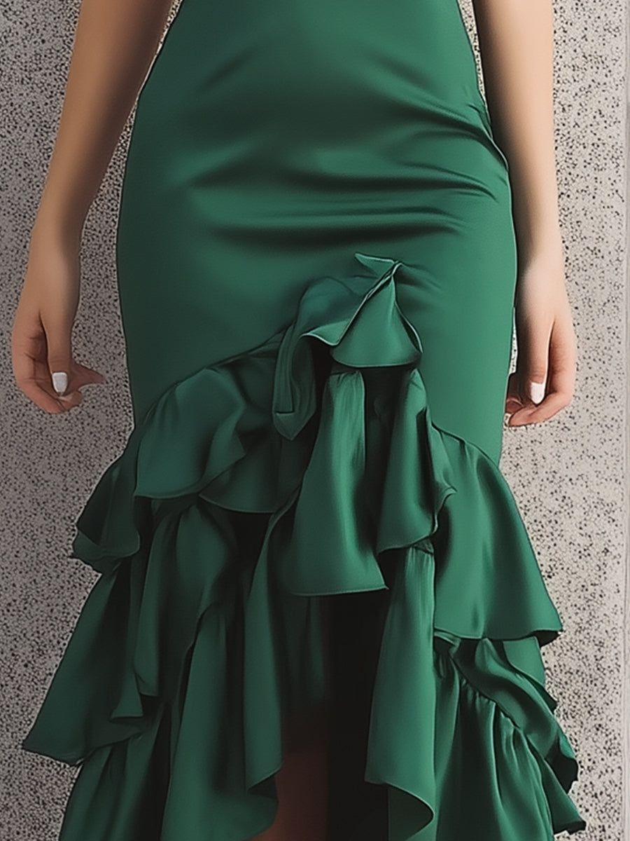 Ruffled Tiered Satin Midi Gown With Sculpted Bodice ZJ