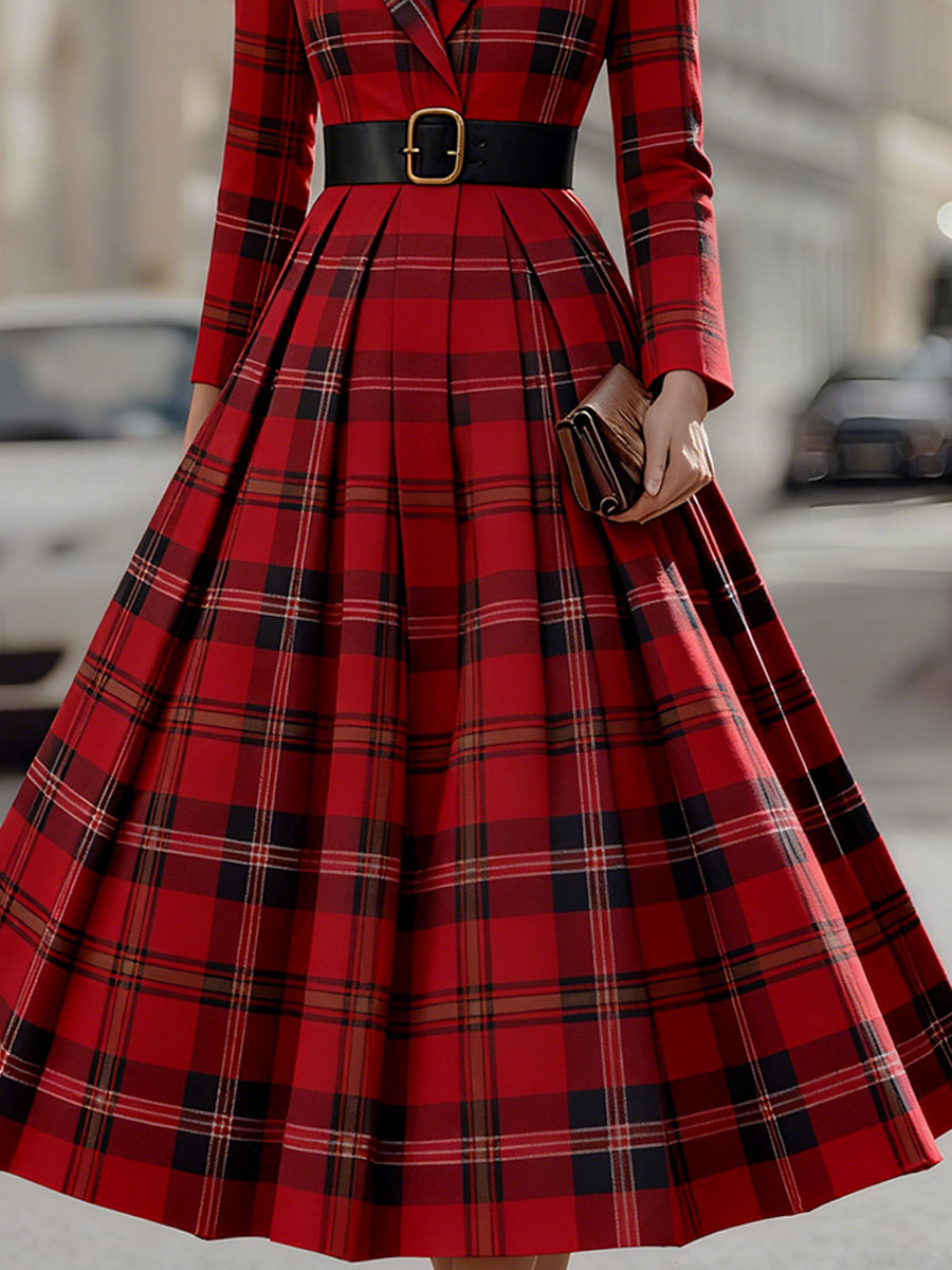 CAAYWORLD Statement Red Plaid Trench Dress With Gold Buckle Belt SN