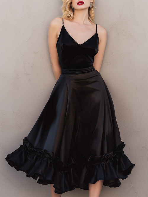 Satin Ruffled Midi Dress With Spaghetti Straps ZJ