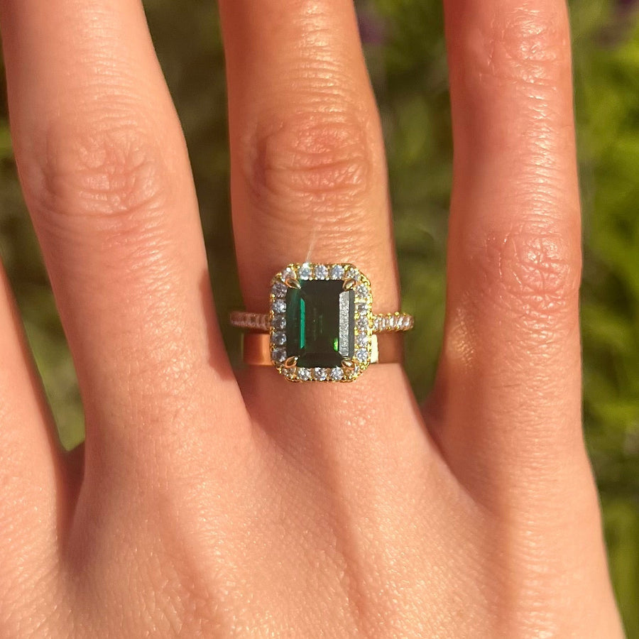 2 Pcs Green Emerald Cut Halo Design Bridal Sets In Golden Tone Shine of Diamond