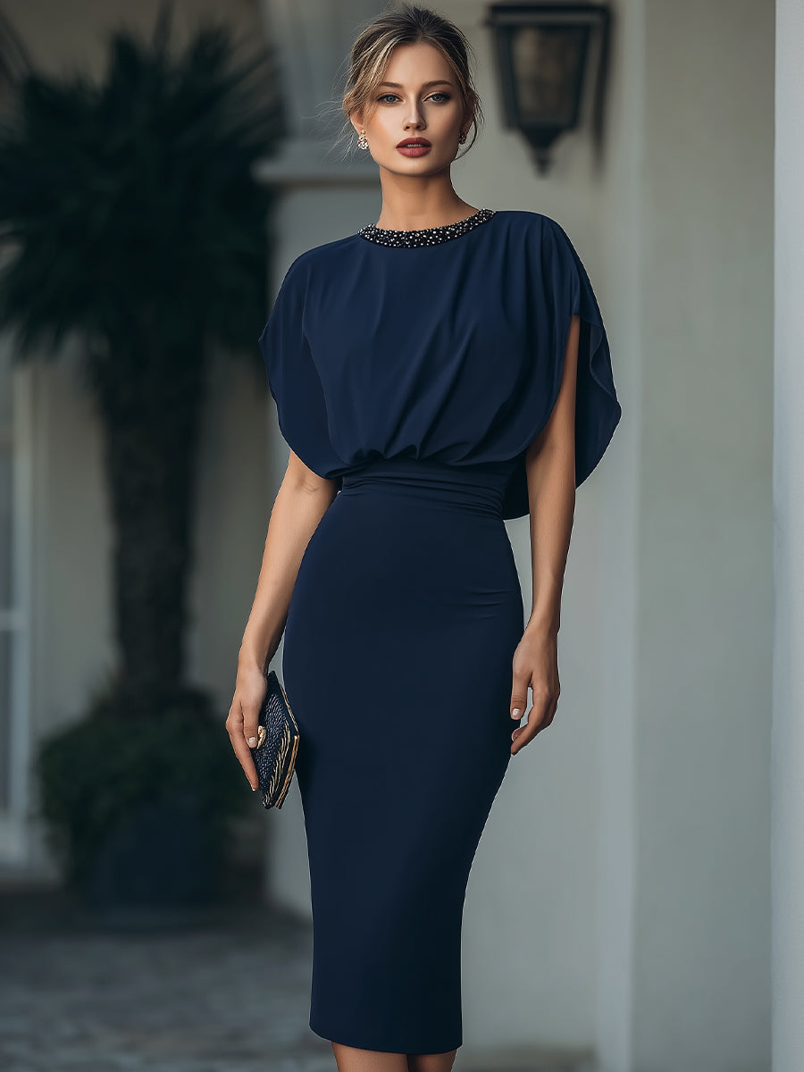 Embellished Neck Draped Midi Dress XYS