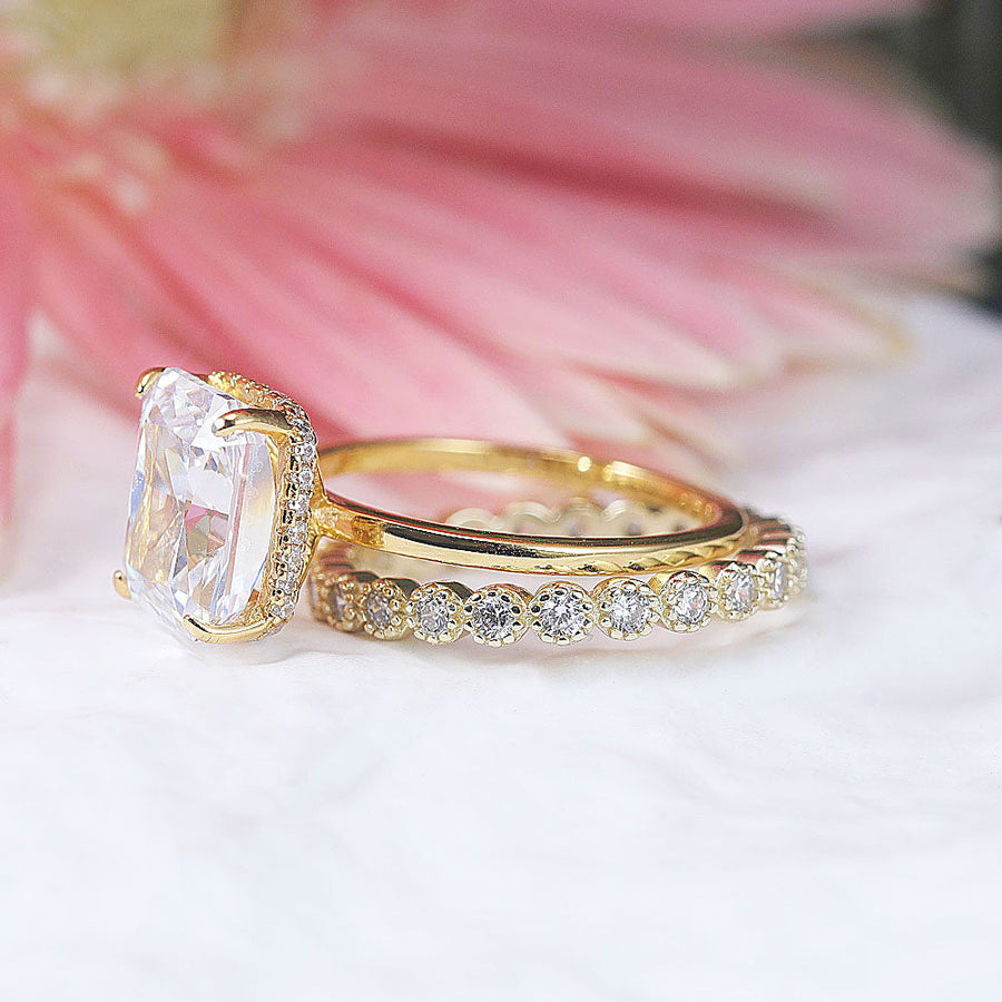 2 Pcs Radiant Cut With Hidden Halo Design Sterling Silver Ring Set Shine of Diamond