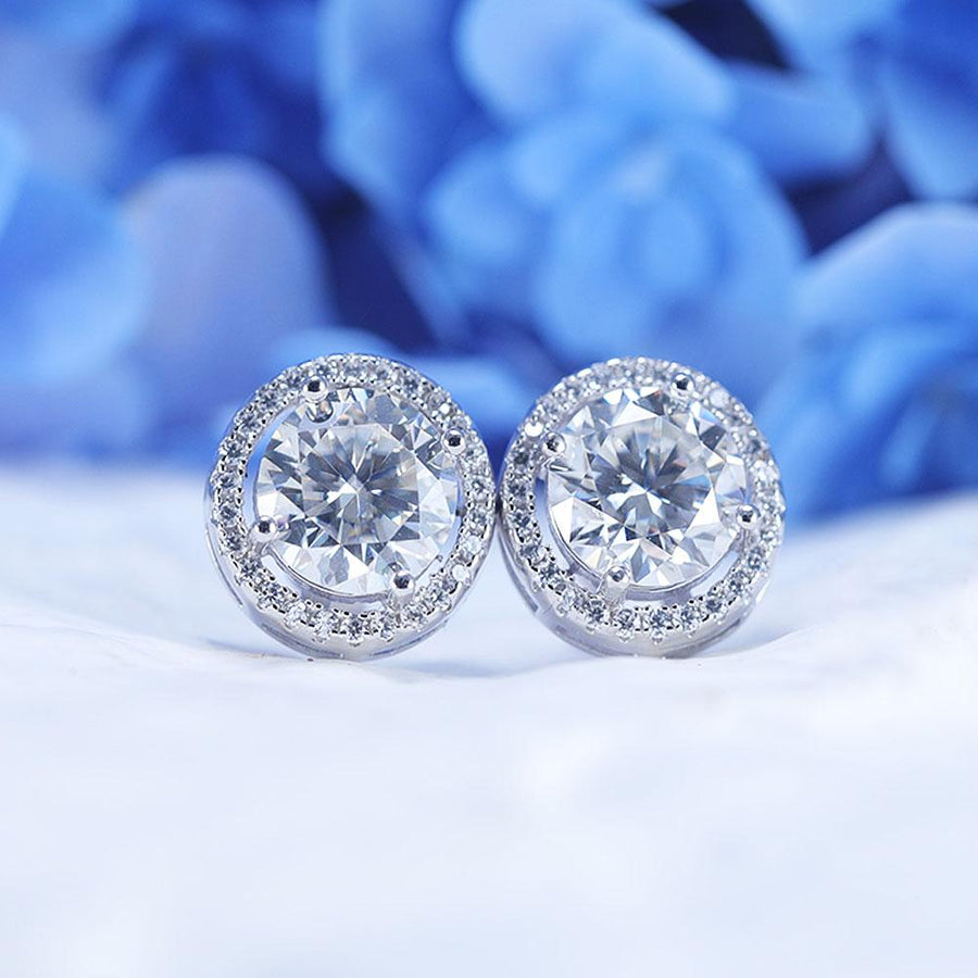 D Color Moissanite Round Cut Halo Design Sterling Silver Stud Earrings Shine of Diamond