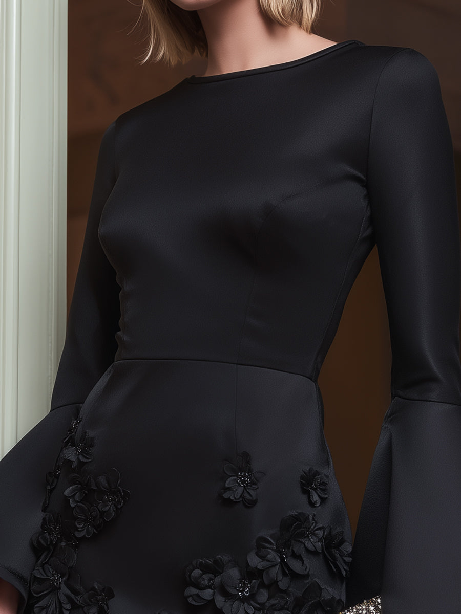 Black Bell-Sleeve Floral Appliqué Mini Dress ZJ