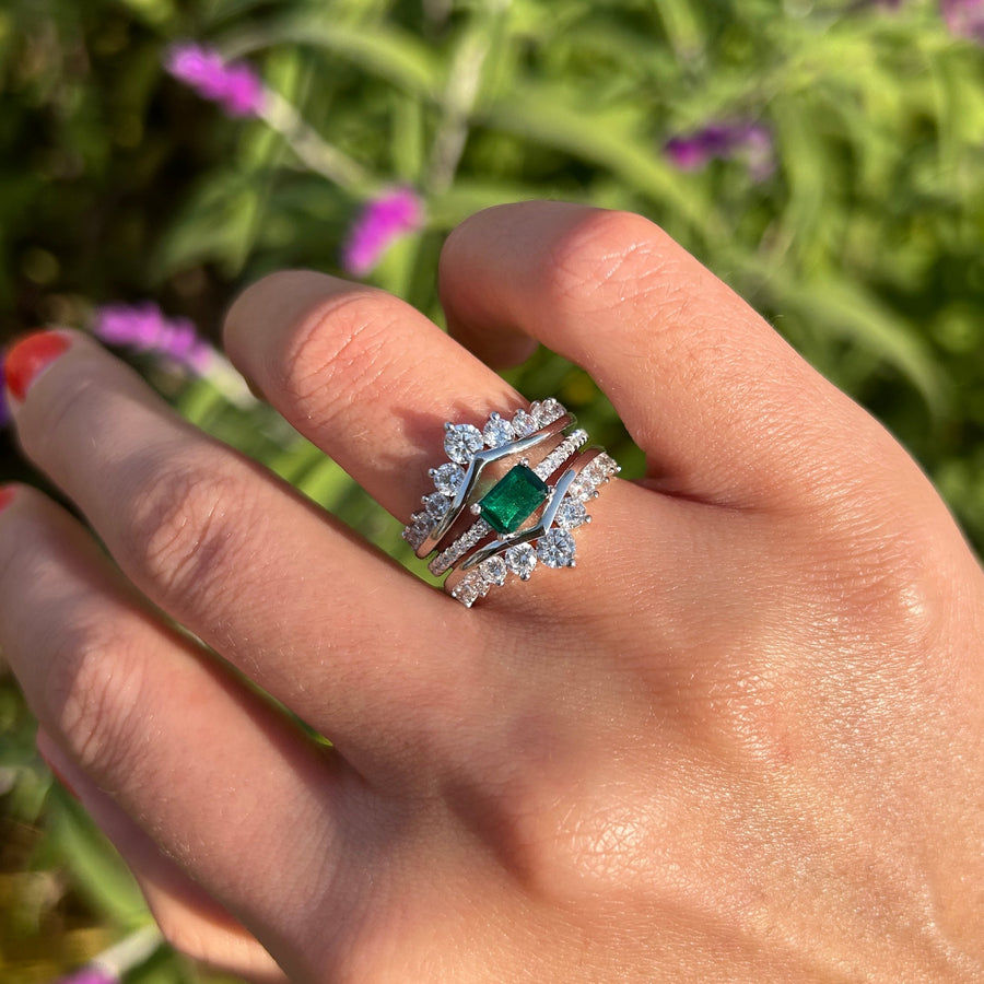 2 Pcs Green Emerald Cut Insert Bridal Sets In Sterling Silver Shine of Diamond